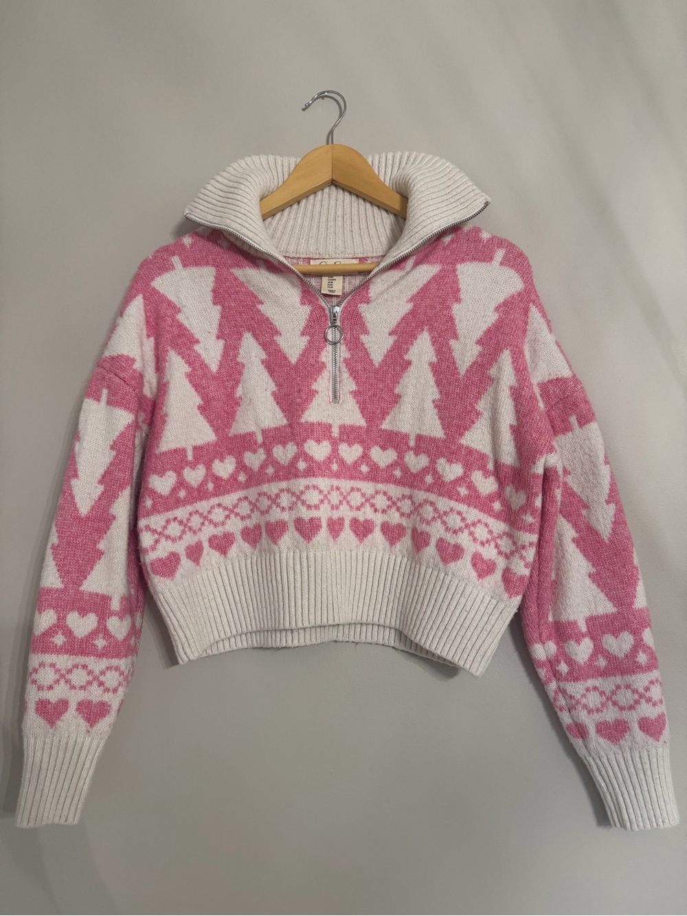 Jessica Simpson Pink and White Patterned Half-Zip Sweater - Festive